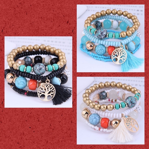 Jewelry - Black White or Blue Tree of Life Tassel Stretch Bracelets